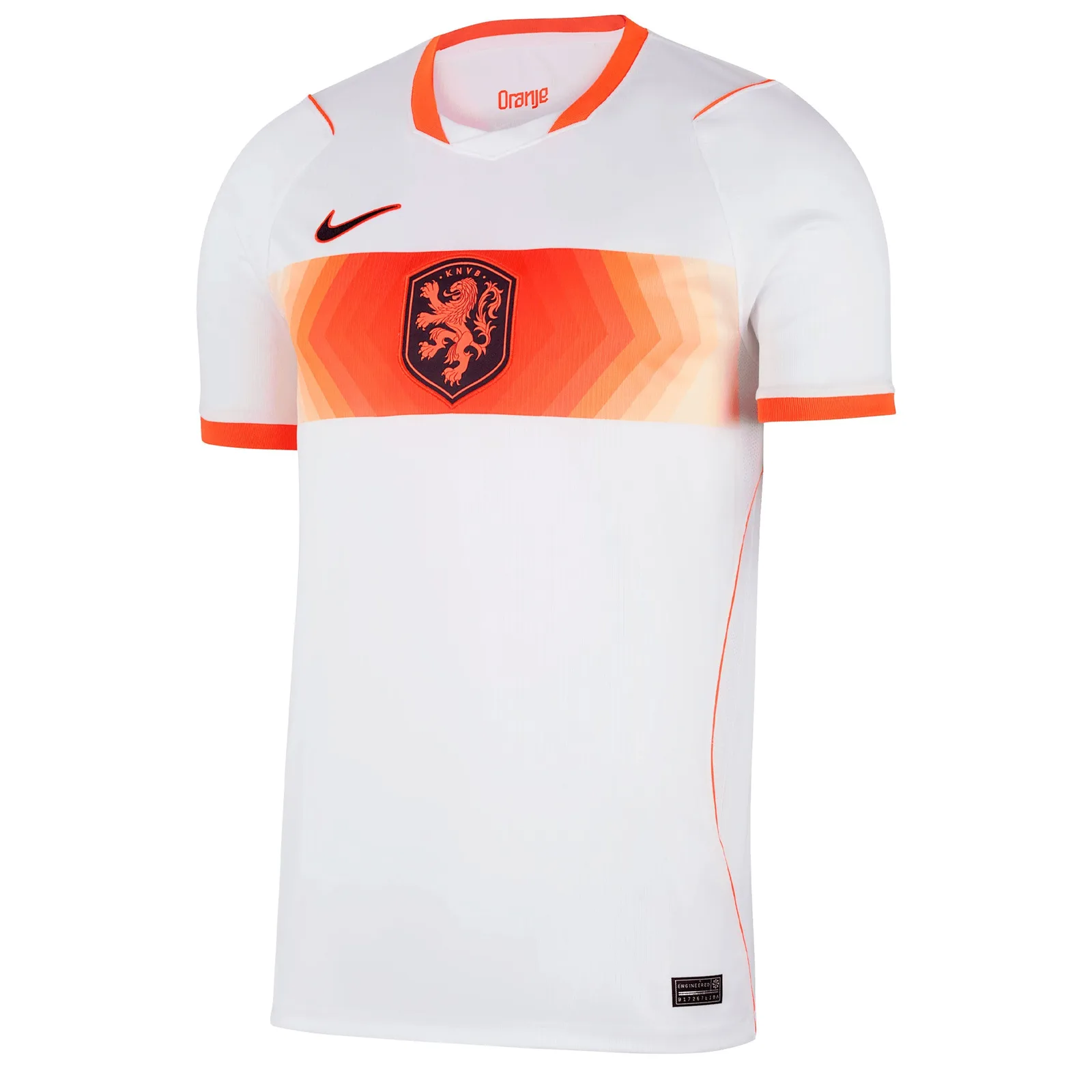 Nederland 2026 uitshirt in wit met oranje band, tweede officiële variant naast het thuisshirt